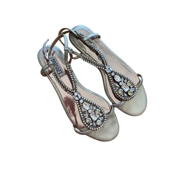 Badgley Mischka Womens Beige Embellished Leather Flat Jeweled Sandals Size 9M - Picture 3 of 8